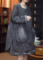 Retro Black Patchwork Side Open Denim Tops Fall