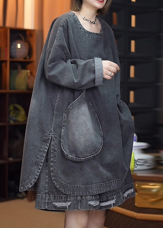 Retro Black Patchwork Side Open Denim Tops Fall