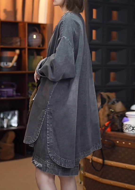 Retro Black Patchwork Side Open Denim Tops Fall