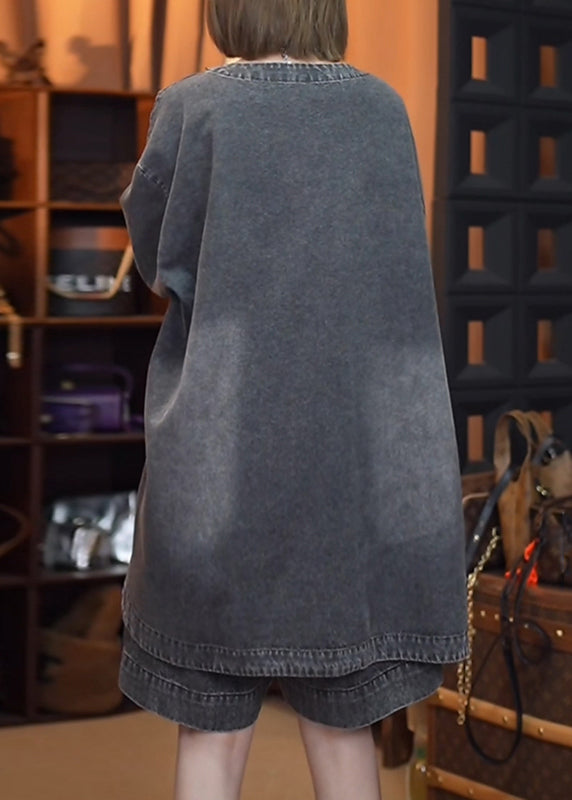 Retro Black Patchwork Side Open Denim Tops Fall