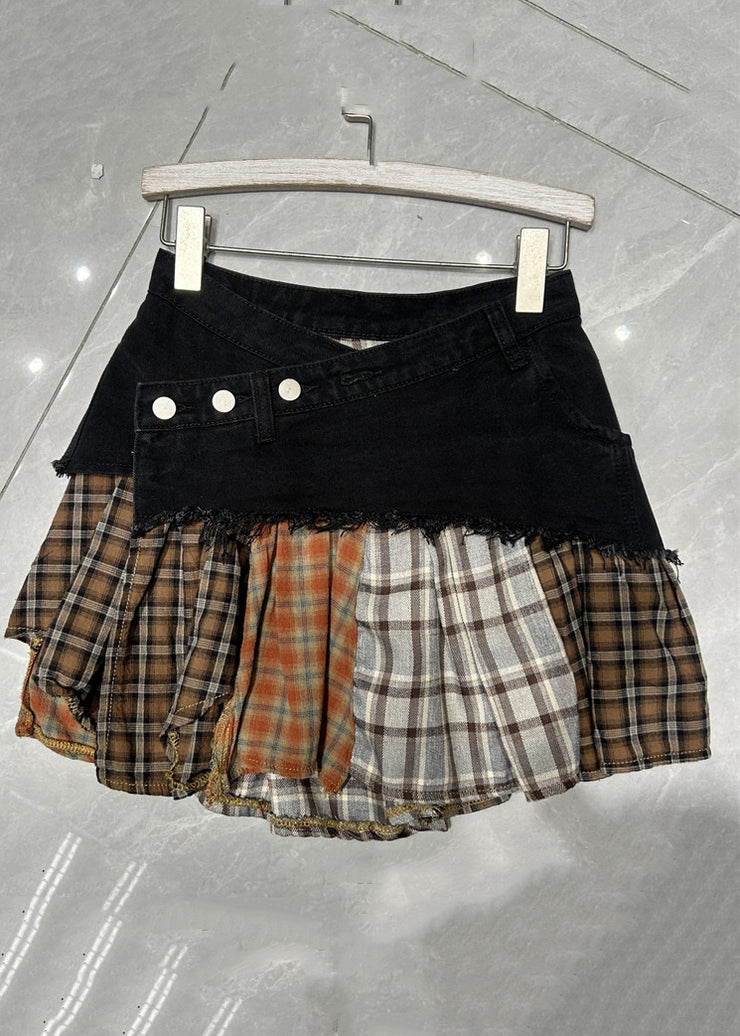 Retro Black Plaid Patchwork High Waist Denim Skirt Summer