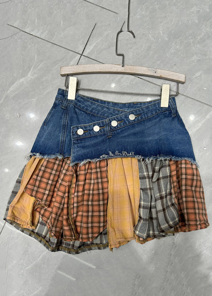 Retro Black Plaid Patchwork High Waist Denim Skirt Summer