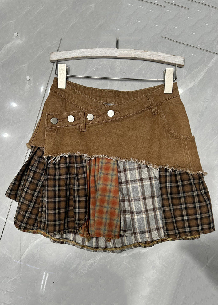 Retro Black Plaid Patchwork High Waist Denim Skirt Summer