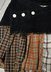 Retro Black Plaid Patchwork High Waist Denim Skirt Summer