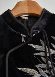 Retro Black Sequins Bamboo Silk Velour Top Fall