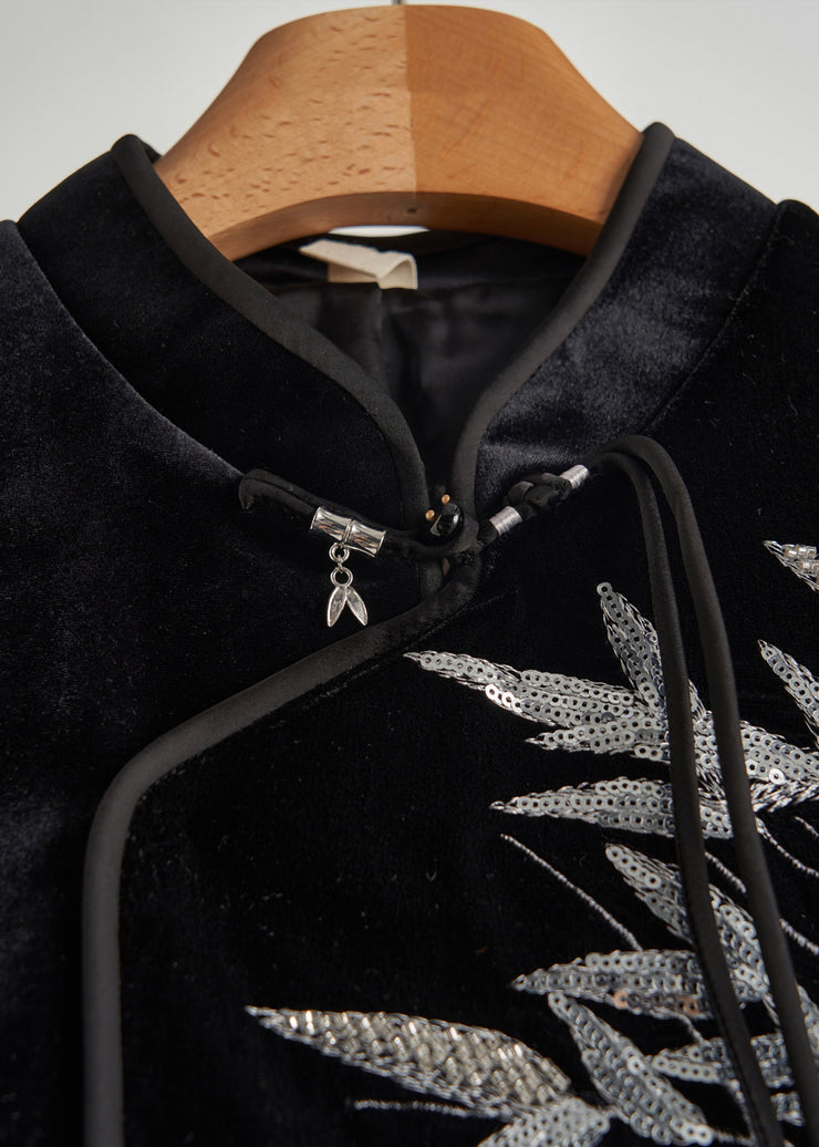 Retro Black Sequins Bamboo Silk Velour Top Fall