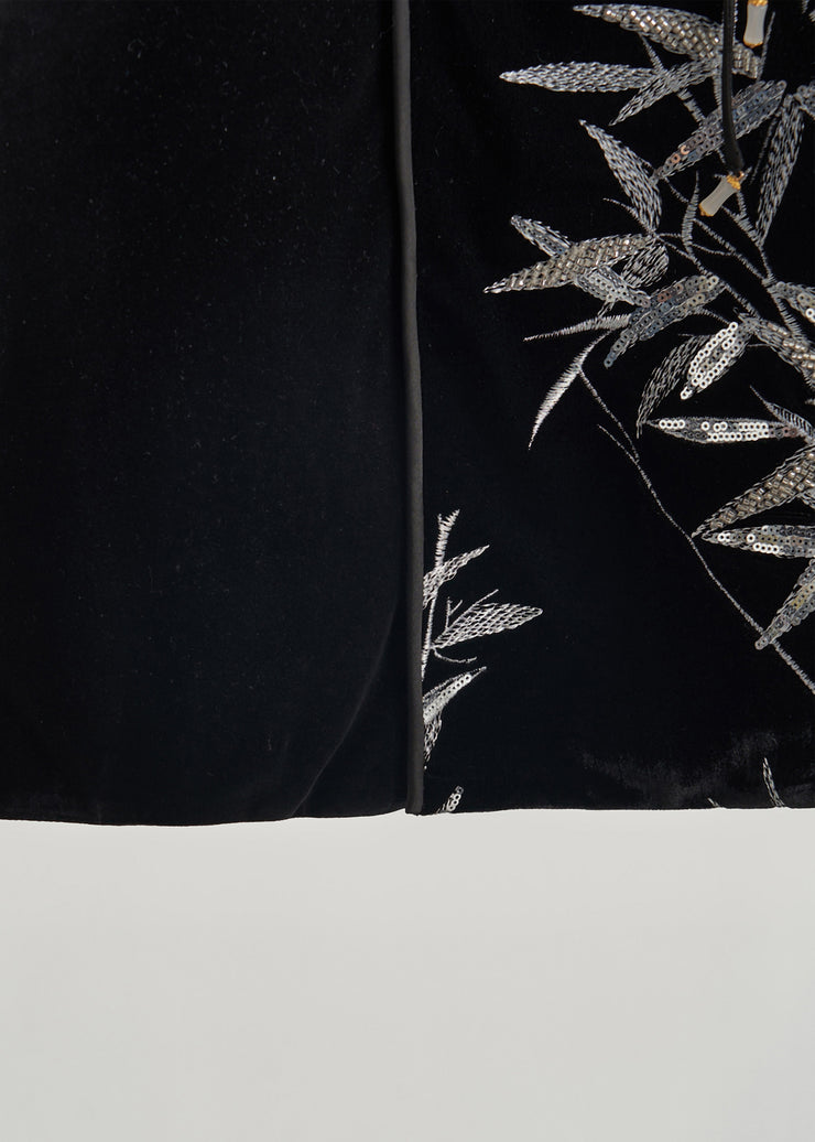 Retro Black Sequins Bamboo Silk Velour Top Fall