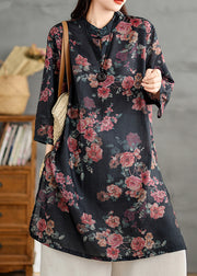 Retro Black Stand Collar Print Side Open Linen Shirts Dress Summer