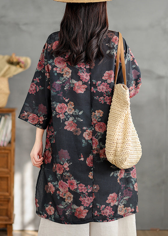 Retro Black Stand Collar Print Side Open Linen Shirts Dress Summer