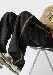 Retro Black Striped Lace Up Denim Mens Pants Spring