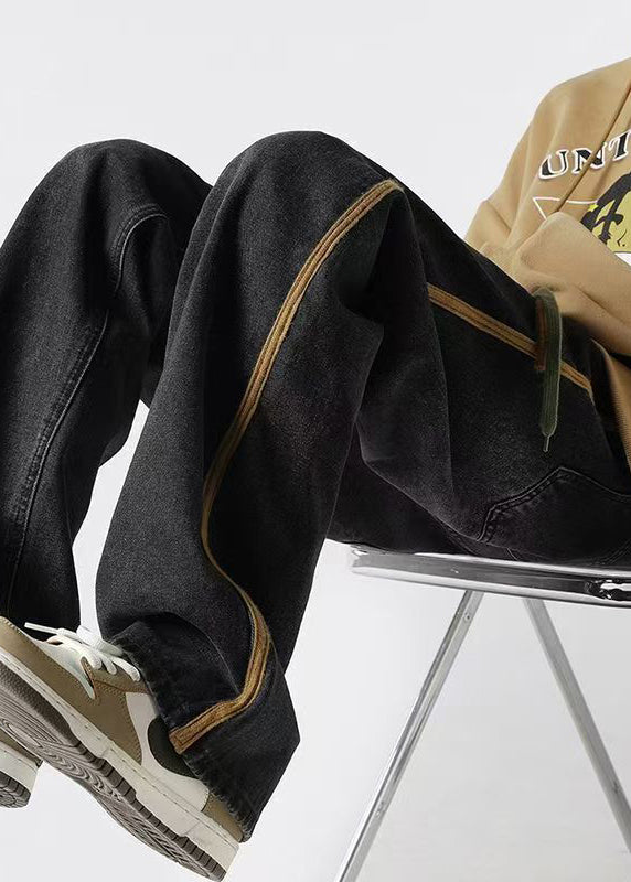 Retro Black Striped Lace Up Denim Mens Pants Spring