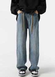 Retro Black Striped Lace Up Denim Mens Pants Spring