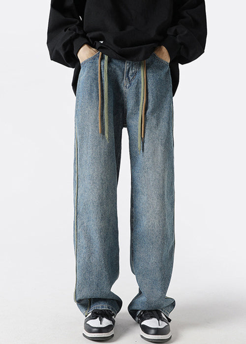 Retro Black Striped Lace Up Denim Mens Pants Spring