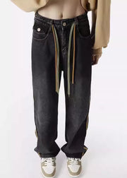 Retro Black Striped Lace Up Denim Mens Pants Spring