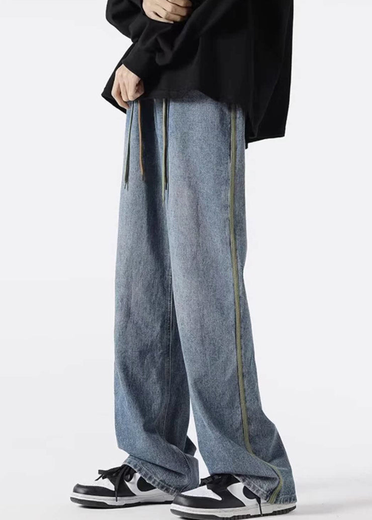 Retro Black Striped Lace Up Denim Mens Pants Spring