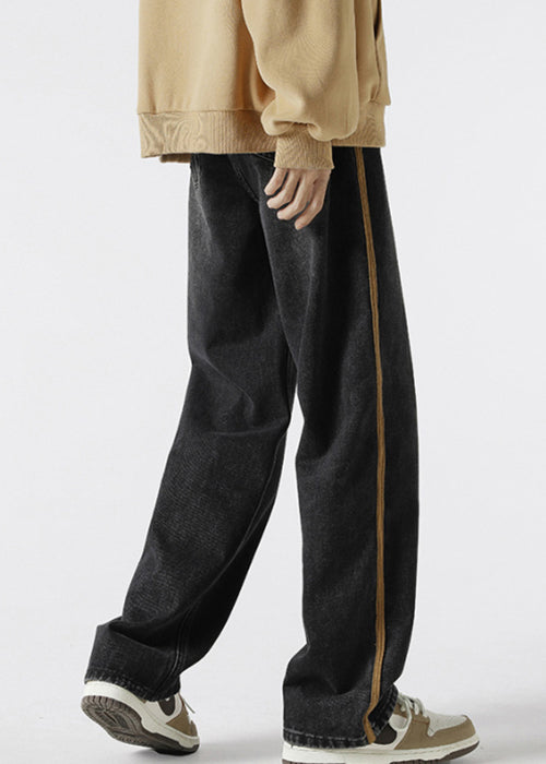 Retro Black Striped Lace Up Denim Mens Pants Spring
