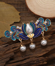 Retro Blue Alloy Pearl Cloisonne Floral Tassel Hairpin