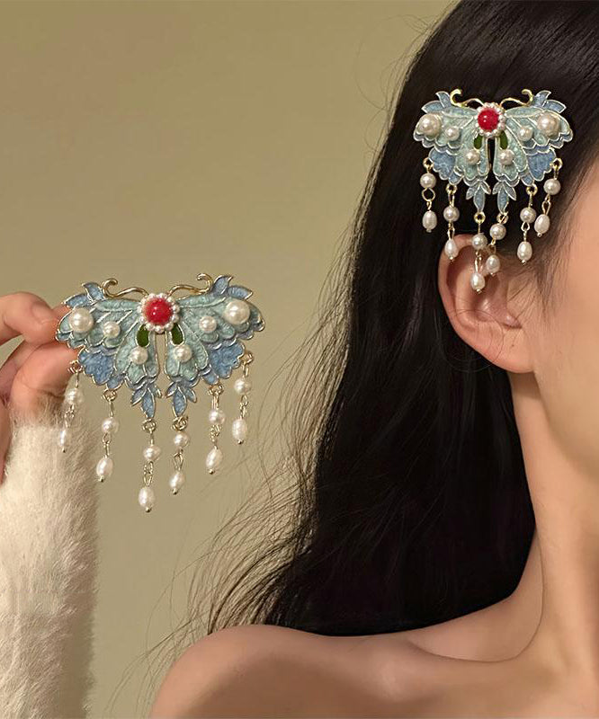 Retro Blue Alloy Pearl Enameling Butterfly Tassel Hairpin