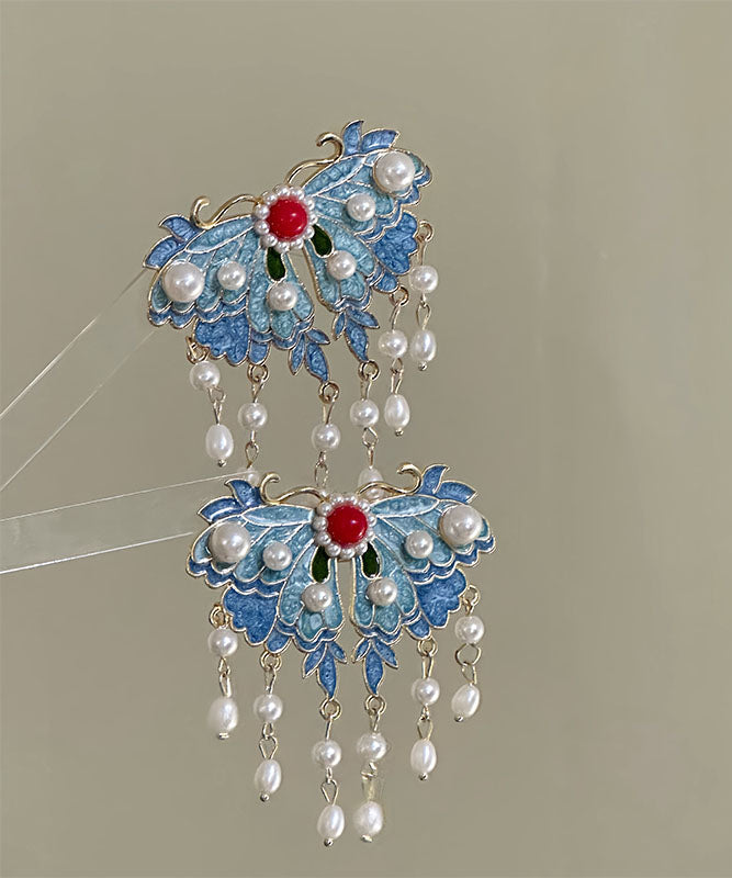 Retro Blue Alloy Pearl Enameling Butterfly Tassel Hairpin