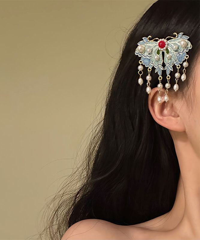 Retro Blue Alloy Pearl Enameling Butterfly Tassel Hairpin