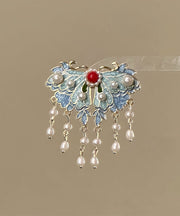 Retro Blue Alloy Pearl Enameling Butterfly Tassel Hairpin