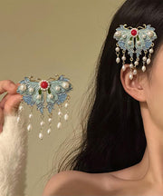 Retro Blue Alloy Pearl Enameling Butterfly Tassel Hairpin
