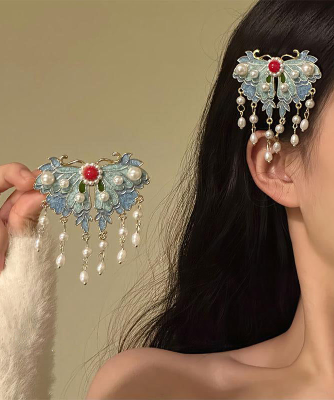 Retro Blue Alloy Pearl Enameling Butterfly Tassel Hairpin
