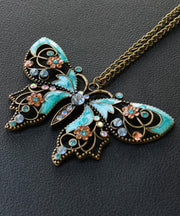 Retro Blue Alloy Zircon Butterfly Hollow Out Pendant Necklace