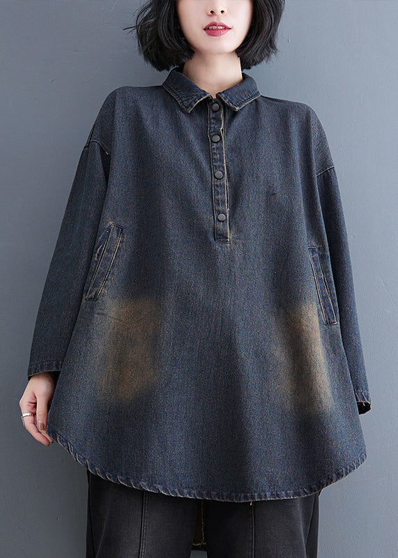 Retro Blue Peter Pan Collar Patchwork Denim Shirt Fall