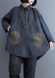 Retro Blue Peter Pan Collar Patchwork Denim Shirt Fall