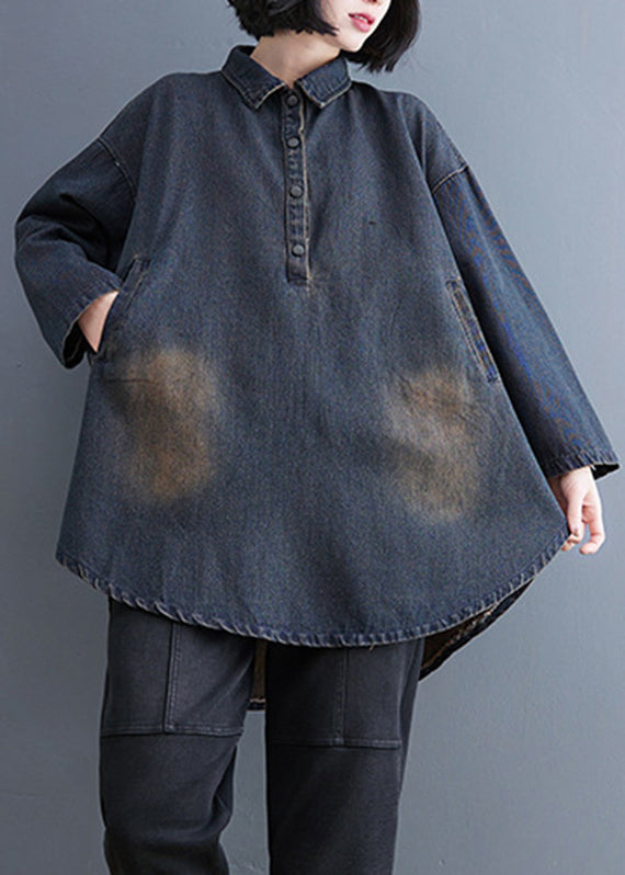 Retro Blue Peter Pan Collar Patchwork Denim Shirt Fall