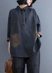 Retro Blue Peter Pan Collar Patchwork Denim Shirt Fall