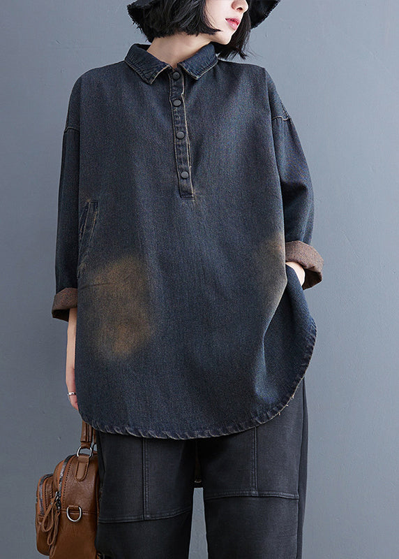 Retro Blue Peter Pan Collar Patchwork Denim Shirt Fall