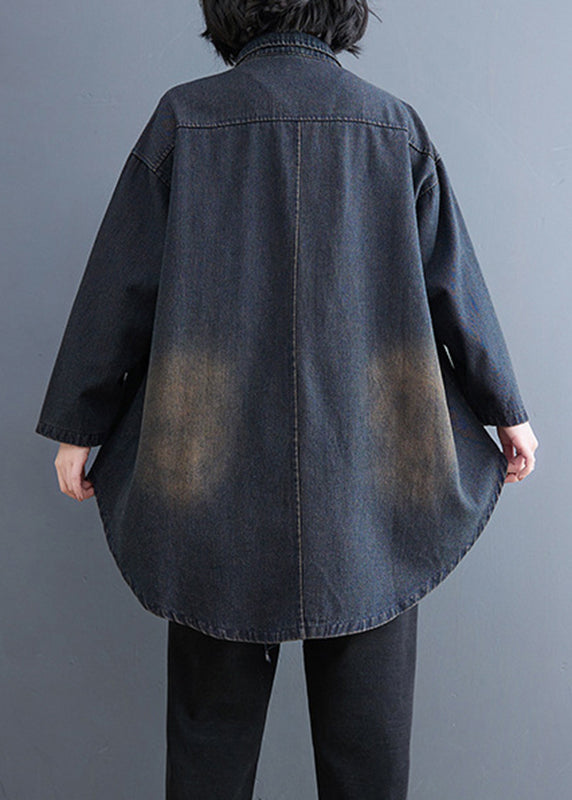 Retro Blue Peter Pan Collar Patchwork Denim Shirt Fall