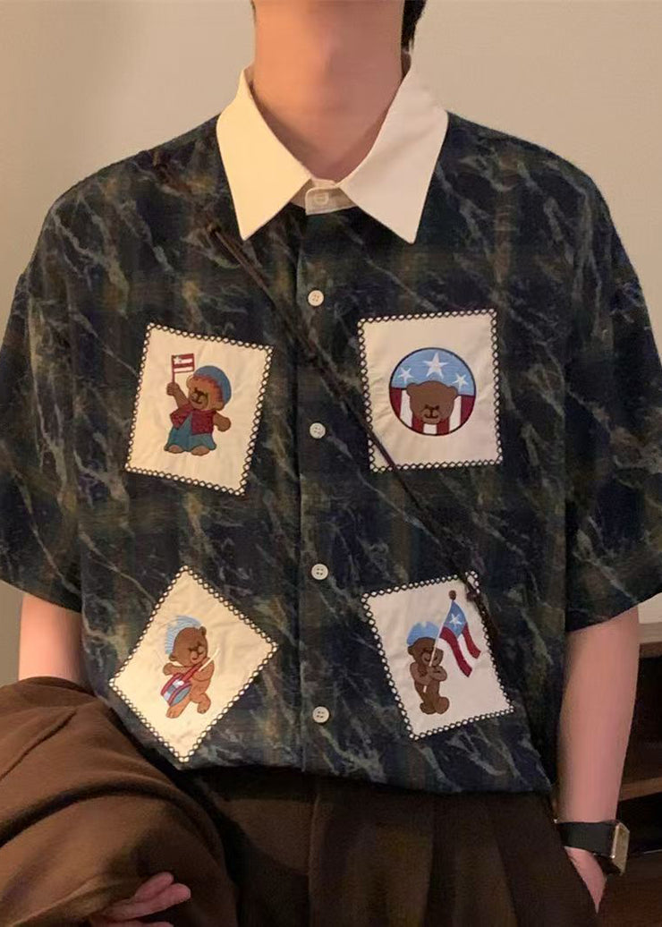 Retro Blue Plaid Button Oversized Cotton Shirts Mens Summer