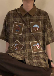 Retro Blue Plaid Button Oversized Cotton Shirts Mens Summer