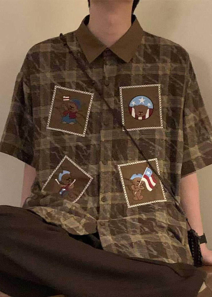 Retro Blue Plaid Button Oversized Cotton Shirts Mens Summer