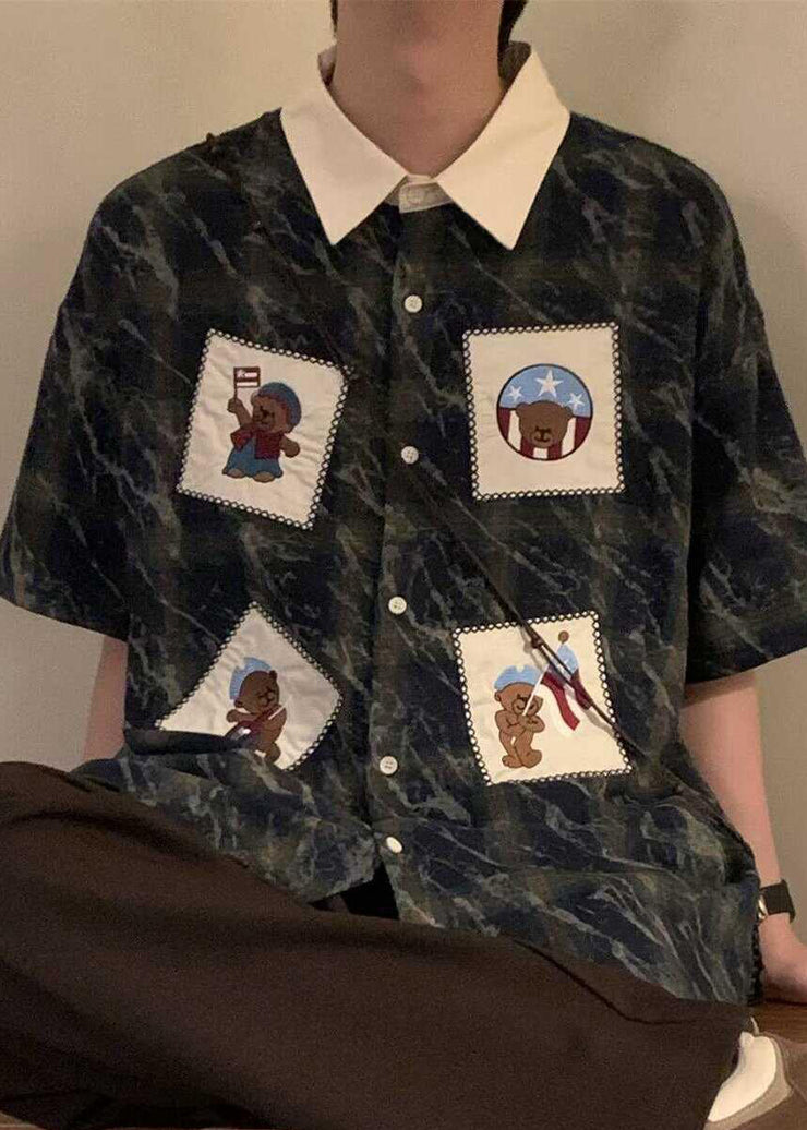 Retro Blue Plaid Button Oversized Cotton Shirts Mens Summer