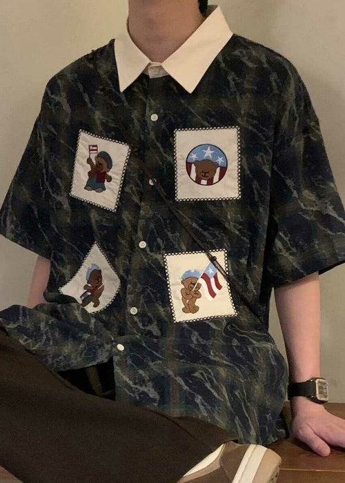 Retro Blue Plaid Button Oversized Cotton Shirts Mens Summer