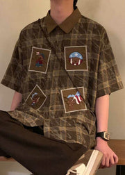 Retro Blue Plaid Button Oversized Cotton Shirts Mens Summer