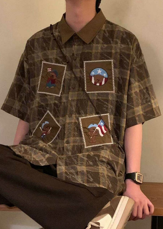 Retro Blue Plaid Button Oversized Cotton Shirts Mens Summer