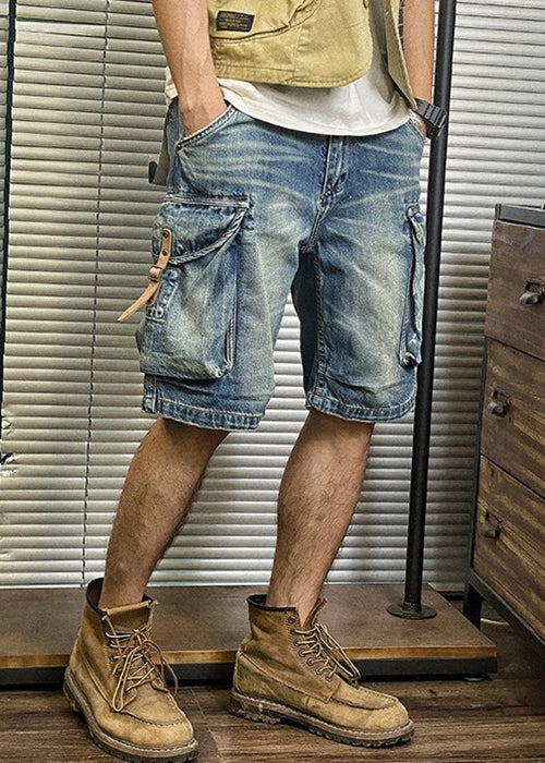 Retro Blue Pockets High Waist Denim Mens Shorts Summer