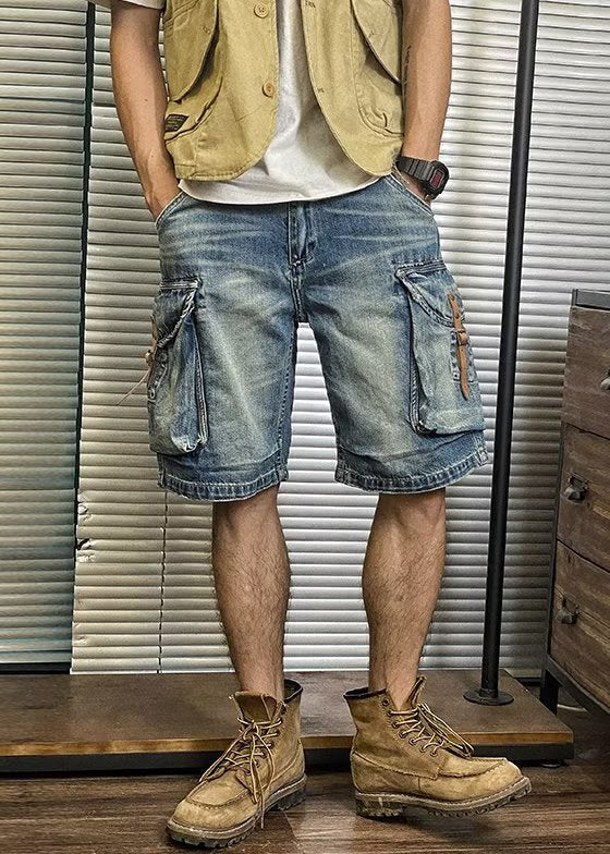 Retro Blue Pockets High Waist Denim Mens Shorts Summer