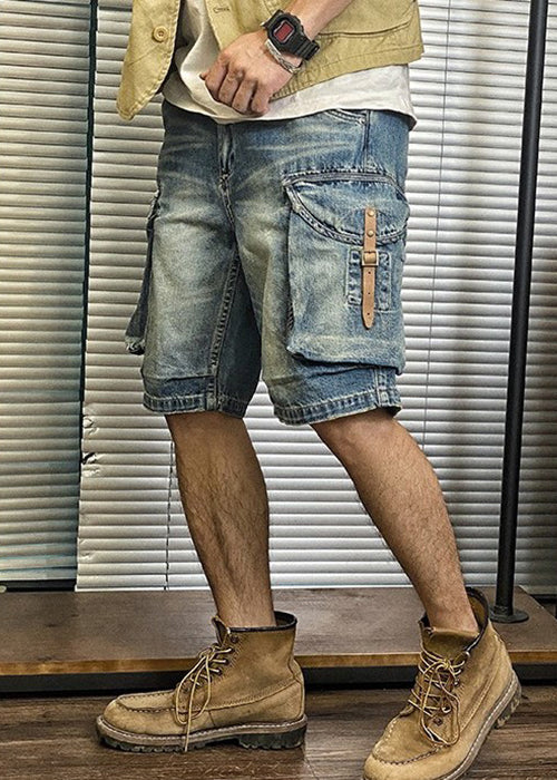 Retro Blue Pockets High Waist Denim Mens Shorts Summer