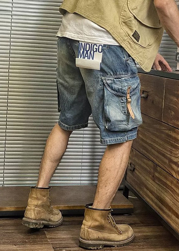 Retro Blue Pockets High Waist Denim Mens Shorts Summer