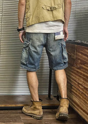 Retro Blue Pockets High Waist Denim Mens Shorts Summer