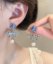 Retro Blue Sterling Silver Overgild Zircon Crystal Pearl Butterfly Drop Earrings