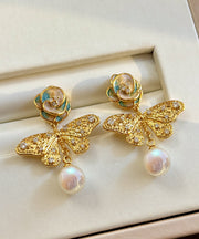 Retro Blue Sterling Silver Overgild Zircon Crystal Pearl Butterfly Drop Earrings