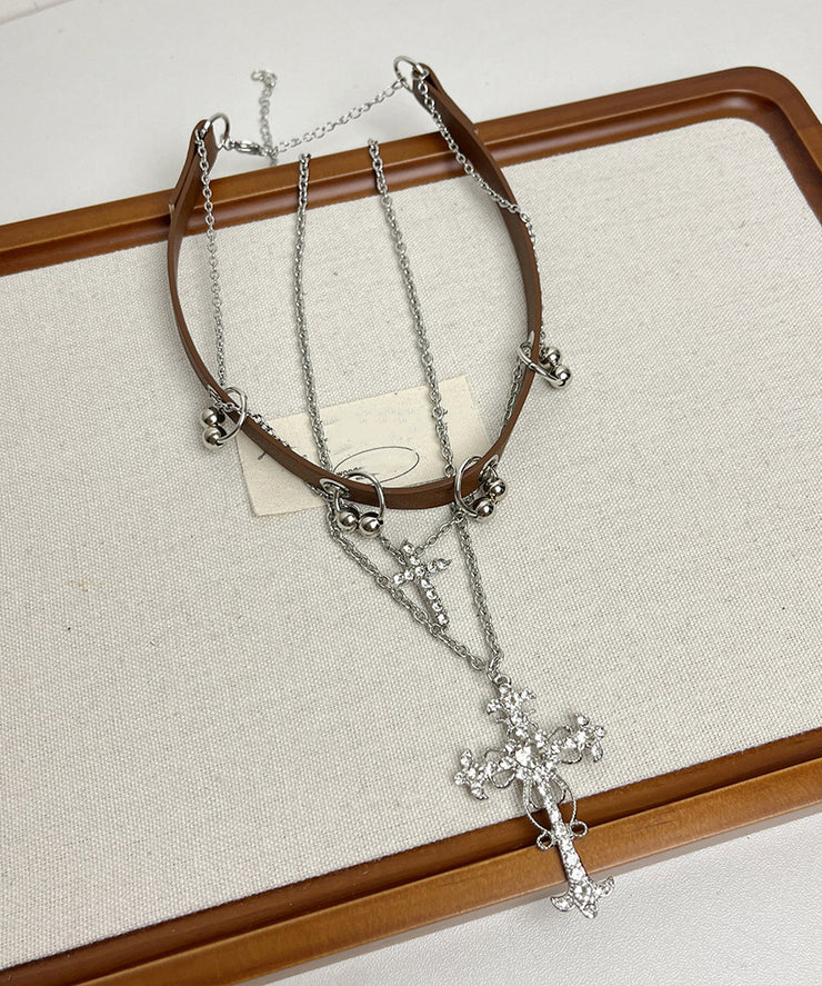 Retro Brown Alloy Leather Crystal Zircon Cross Pendant Necklace