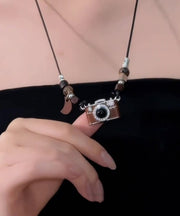Retro Brown Copper Overgild Leather Resin Drip Glaze Camera Pendant Necklace